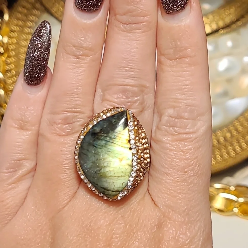 Natural Labradorite & Pave set Hematite Large Silver Ring